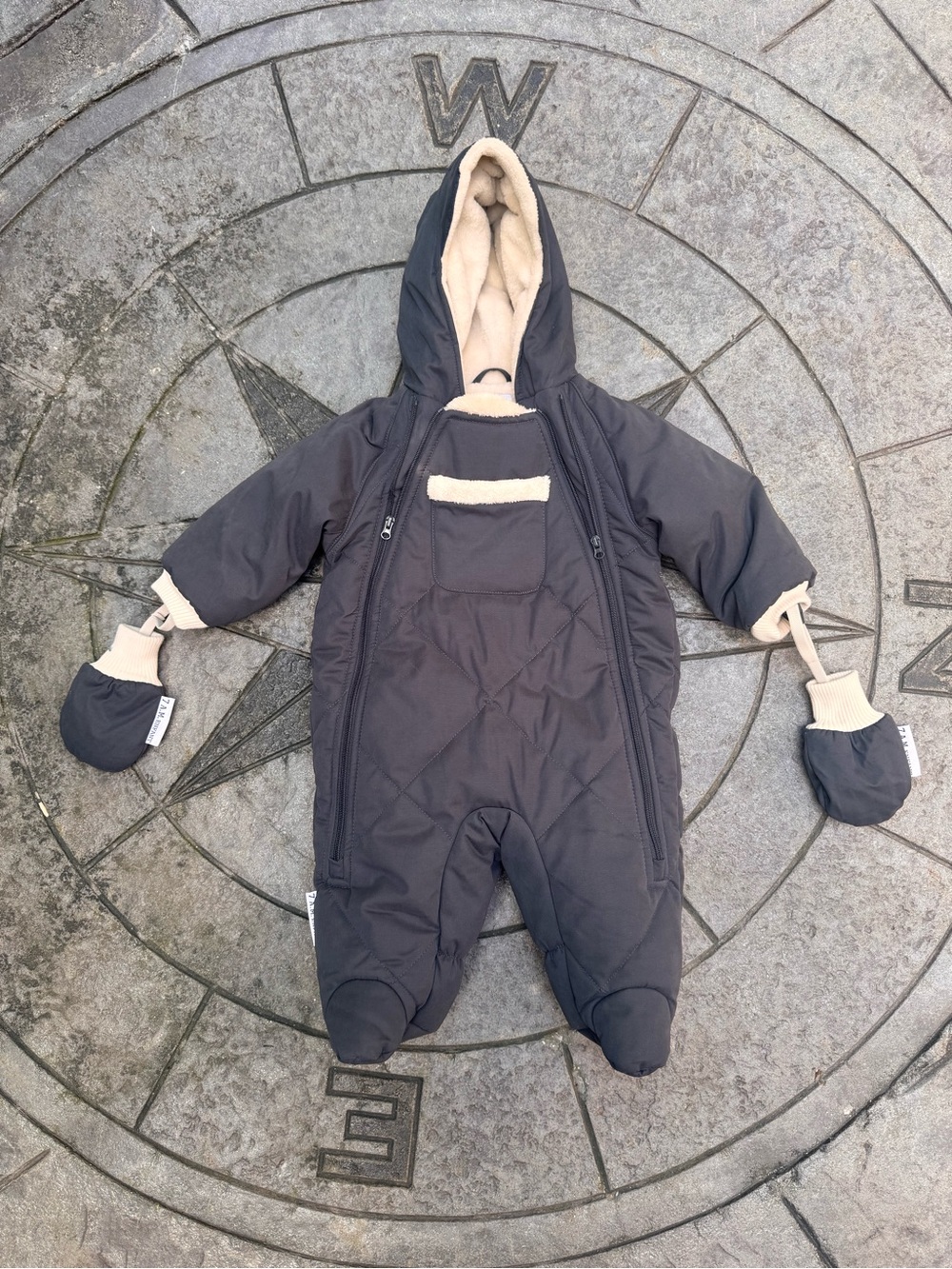 Infant Hooded Puffer Snowsuit in Charcoal with Mittens